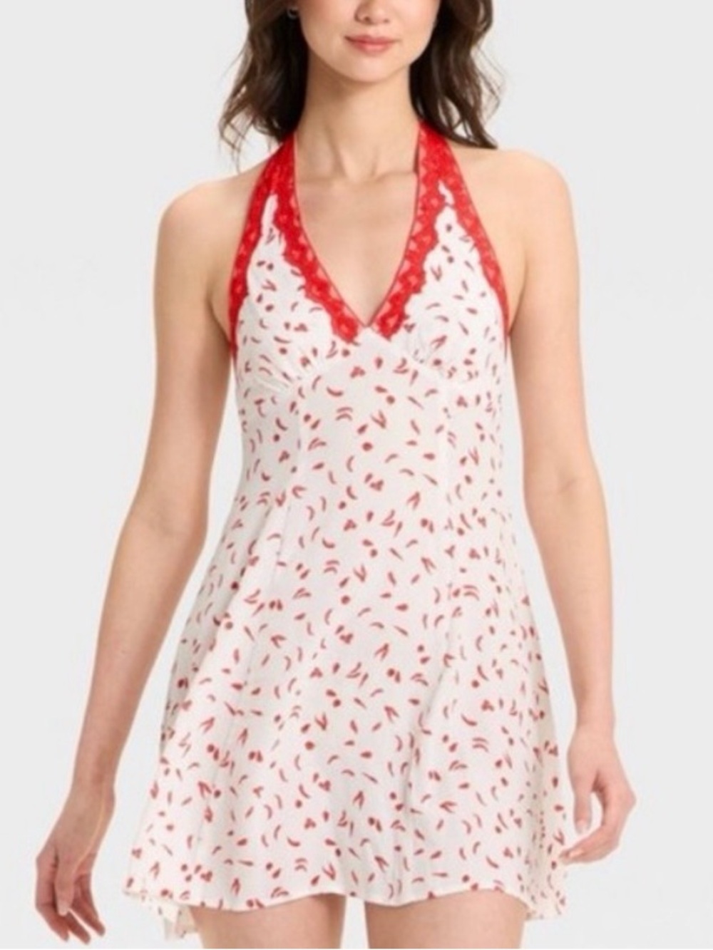 Wild Fable Off-White Red Chili Pepper Lace Trim Halter Mini Dress